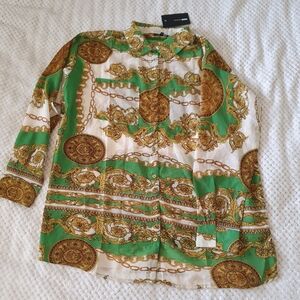 Fashion Nova Crunching The Numbers Green Chain Baroque Printed Button Up Shirt